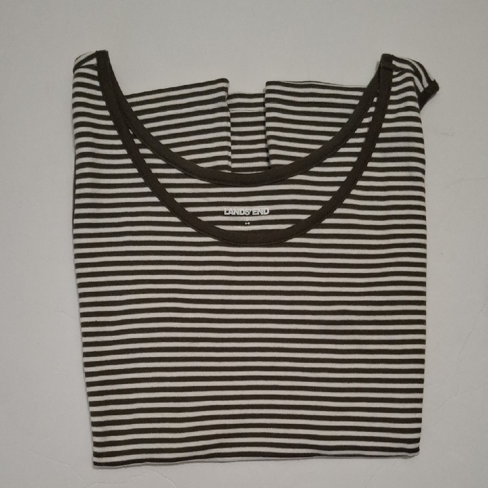 Lands' End Women's Olive Green and White Striped Scoop Neck Sleeveless Tee